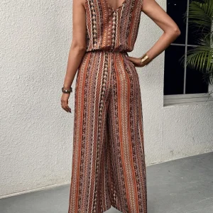 Women's Striped Print Jumpsuit - Sleeveless Romper with Elastic Waist, Summer Casual Wide Leg Pantsuit