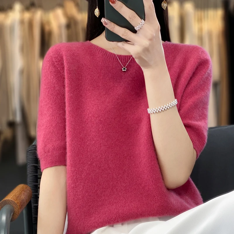 First-line ready-to-wear 100% Merino wool knitted short-sleeved women's loose solid color slim commuter five-point cuff T-shirt - الصورة 2