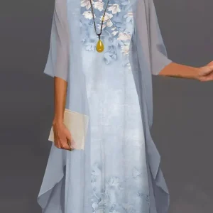 2024 Europe and the United States summer women's casual dress two-piece floral print round collar repair maxi