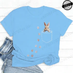 Pocket Bunny T-Shirts – Cute Rabbit Paw Prints T-Shirt Funny Bunny Graphic Tee Tops Sweet Rabbit Sitting in The Pocket Shirt