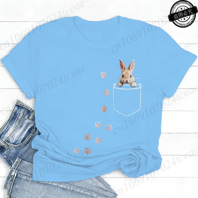 Pocket Bunny T-Shirts – Cute Rabbit Paw Prints T-Shirt Funny Bunny Graphic Tee Tops Sweet Rabbit Sitting in The Pocket Shirt - Image 9