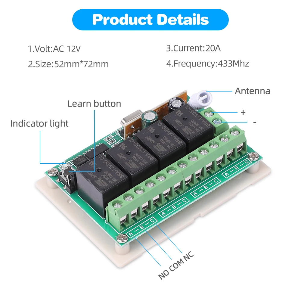 Universal Wireless Remote Control Switch DC 12V 4CH Relay Receiver Module With 4 Channel RF 433 Mhz Transmitter Electronic Lock - الصورة 6