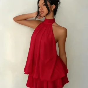 Women's Halter Neck Dress, Backless Tie-Front Chiffon Sheer Mini Skirt, Fashionable Sexy Y2K Vintage Cute Party Birthday Dress