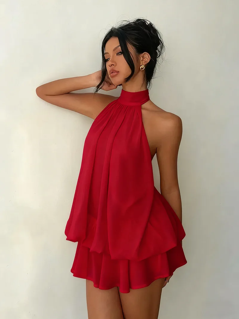 Women's Halter Neck Dress, Backless Tie-Front Chiffon Sheer Mini Skirt, Fashionable Sexy Y2K Vintage Cute Party Birthday Dress - الصورة 8