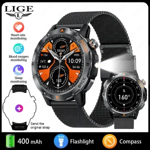 LIGE Smart Watch Men's Sports Watch Compass Flashlight 400mAh Large Battery Bluetooth Call Outdoor Waterproof Durable Smartwatch