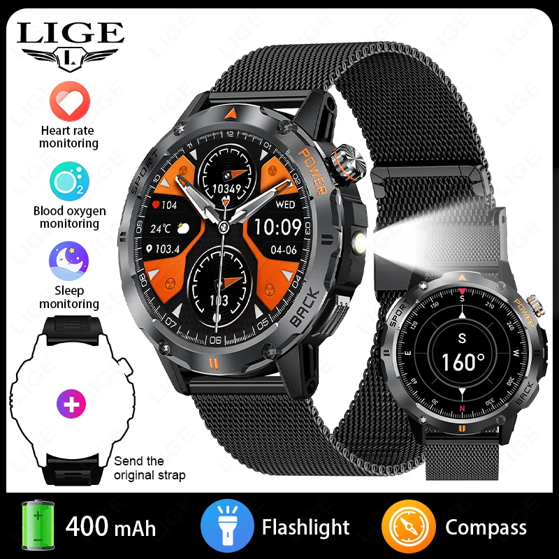 LIGE Smart Watch Men's Sports Watch Compass Flashlight 400mAh Large Battery Bluetooth Call Outdoor Waterproof Durable Smartwatch - Image 8