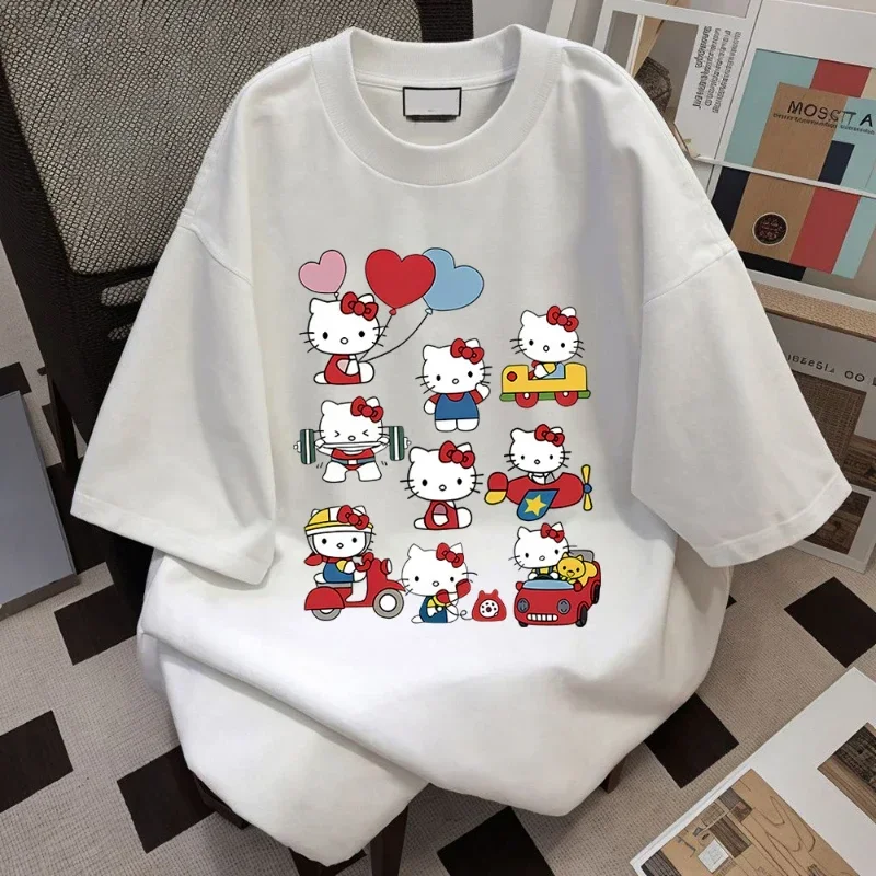 Hello Kitty Kawaii Cotton T-shirt Sanrioed Anime Fashion Women's Top Summer Casual Street Personalized Sweet Girl Top T-shirt - Image 2