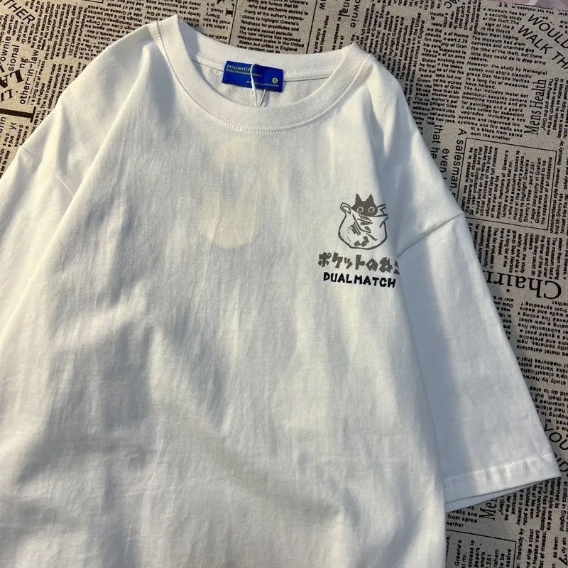 Summer Japanese Retro Pocket Cat Cartoon Printed Short Sleeve T-shirt Male Female Couples Unisex College Style Oversized Top - الصورة 4