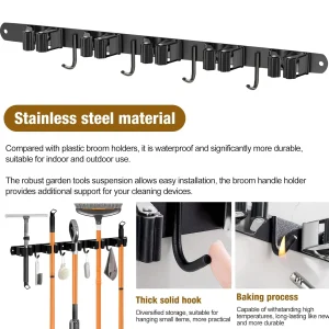 Wall Mount Broom Holder Stainless Steel 5 Racks With 4 Hooks Mop Broom Organizer Heavy Duty Laundry Room Garage Storage Hanger