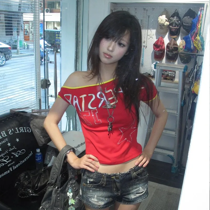 Karrram Japanese Y2k Off Shoulder T-shirt Trashy 2000s Letter Print Crop Top Vintage Harajuku Rhinestones T Shirt American Retro - الصورة 4