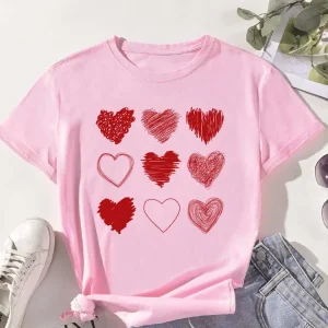 Red Heart Printed Women T-Shirts Fashion Streetwear Short Sleeve Tee Clothing Casual Soft Women Tops Valentine's Day T-shirt