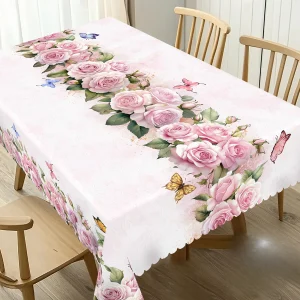 Spring Pink Rose Flowers Linen Tablecloth Wedding Party Decor Seasonal Floral Butterfly Table Cloths Mother's Day Decorations