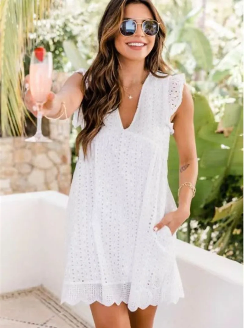 Cross border new lace jacquard hollowed out V-neck dress with pockets and lining shorts for women in Europe and America - Image 15