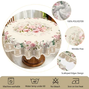 1 Piece Floral Round Tablecloth, Available in 5 Sizes, Vintage Floral Pattern Printed Tablecloth, Embossed Edge Craftsmanship, Spring Garden Tablecloth Decoration, Suitable for Daily Home Kitchen and Patio Use, Easter Decoration, Spring Decoration