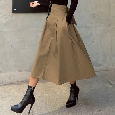 Skirts Womens Korean Fashion Solid Color Big Swing Ladies Skirt Long Skirt 2025 Autumn Wild High Waist Bow Slim Skirts - Image 9