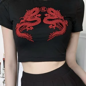 Women Short Sleeve Dragon Print T-shirt Summer Fashion Crop Top for Shopping Daily Wear