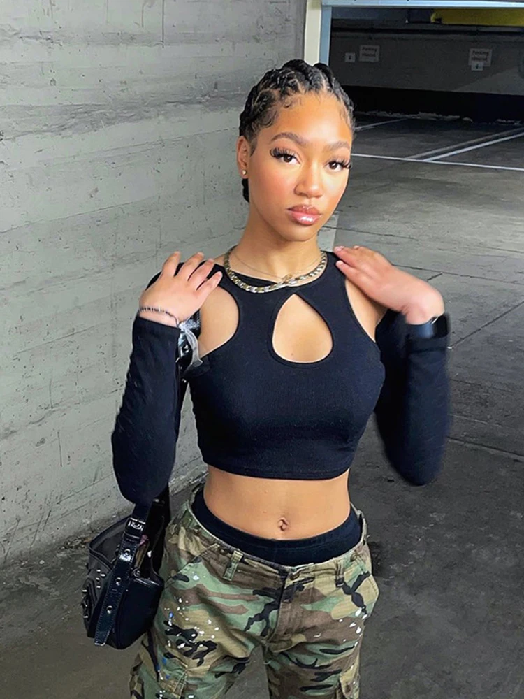 2023 Summer Long Sleeve Cropped Corset Women Top Sexy Aesthetic Club O Neck Fairy Grunge Black Women's T-Shirt - Image 4