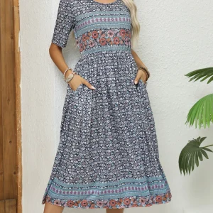 2024 Europe and America autumn ladies round neck short sleeve long skirt Bohemian print dress woman