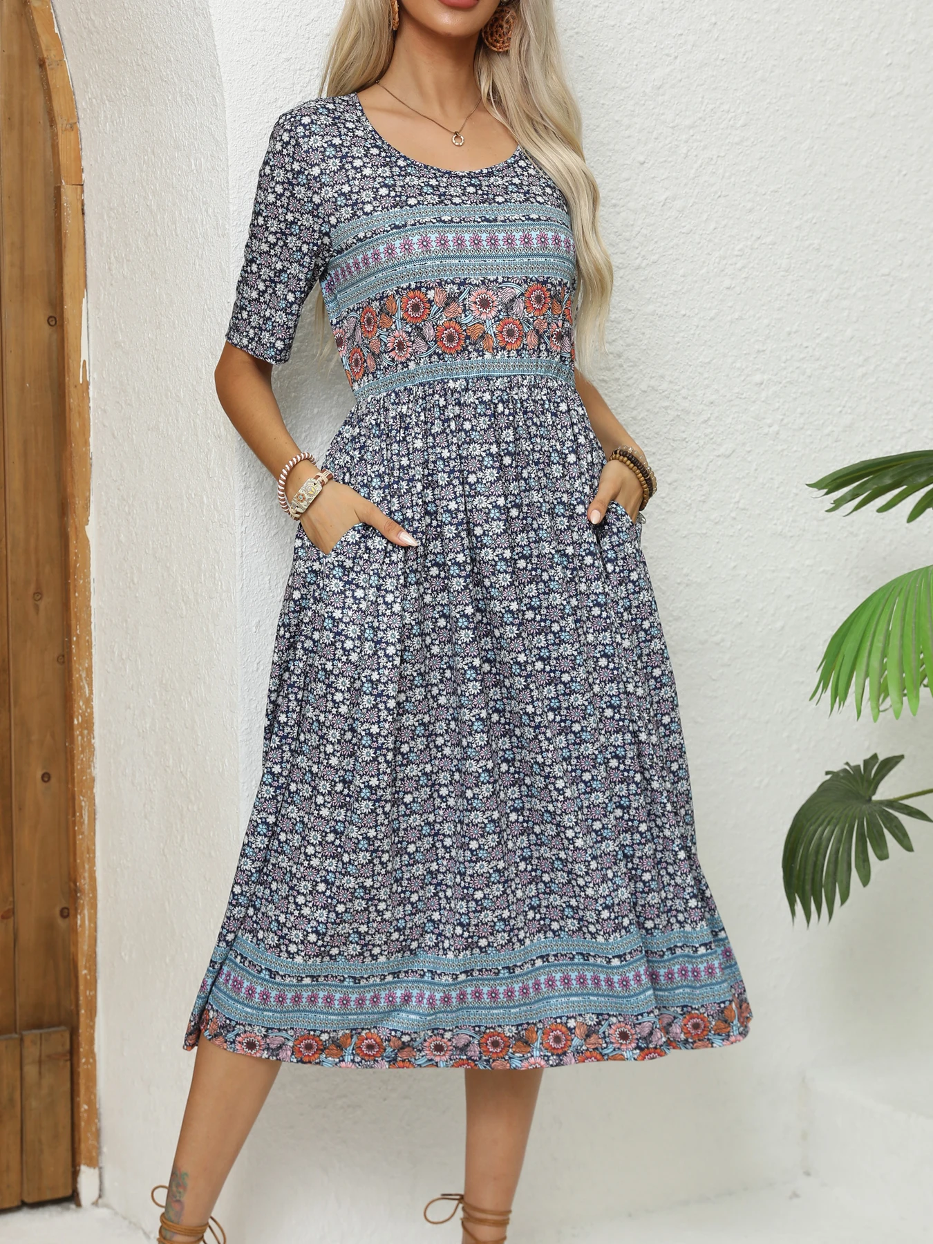2024 Europe and America autumn ladies round neck short sleeve long skirt Bohemian print dress woman - Image 7