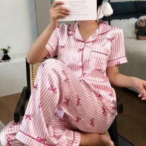 Summer Silk Satin Women Pajamas Set Button Down Top & Pants 2 Pieces Sleepwear Notched Collar Nightwear Loungewear for Women