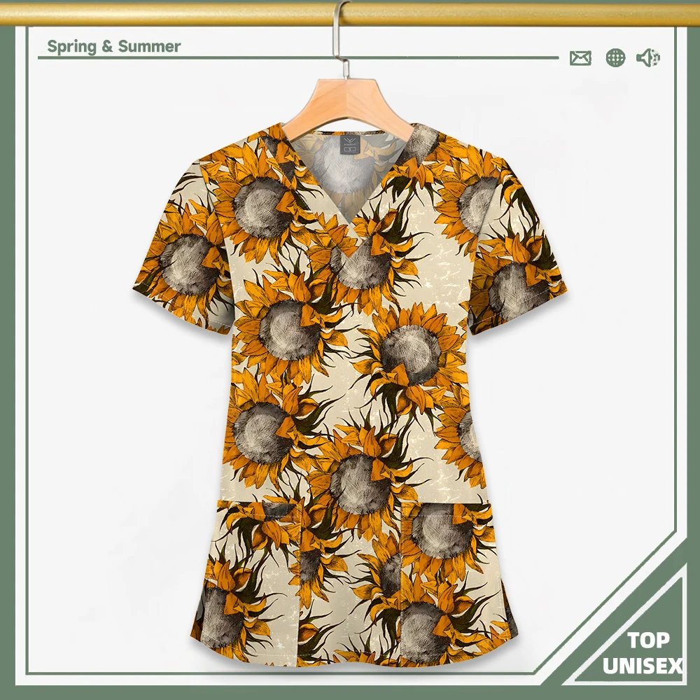 Surgical Uniform Printing Holiday Beautiful Shirt V-neck Style Pocket Design Blouse Surgical Top Woman Men Nurse Medical Uniform - الصورة 31
