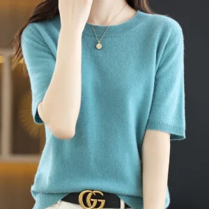 New Short-sleeved Knitwear Women O-neck T-shirt Wool Cotton Blend Pullover Vest Sprig Summer Bottoming Tops Sweater Solid Soft