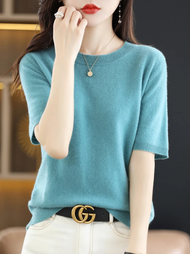 New Short-sleeved Knitwear Women O-neck T-shirt Wool Cotton Blend Pullover Vest Sprig Summer Bottoming Tops Sweater Solid Soft - Image 13