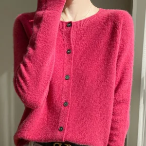 Women's Sweater Cardigans 100% Merino Wool Knitwear Raglan Sleeve Cashmere O-neck Solid Autumn Winter Casual Comfortable Tops