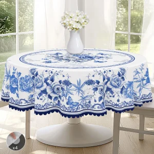 1 Piece of Oriental Retro Blue and White Porcelain Flower Theme Tablecloth, Country Farmhouse Style, Blue and White Flower Pattern Design, Suitable for Spring and Summer Camping Style Picnic, Holiday Party, Garden Birthday Party Decoration, Kitchen Accessories, Restaurant Terrace, Indoor and Outdoor