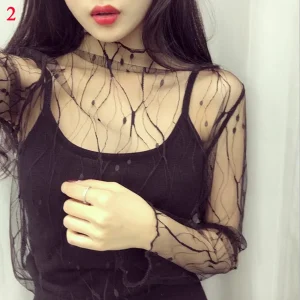 Women Lace Bottomed Blouse T-shirt Spring And Autumn Long Sleeve Mesh Crop Top Foreign Style Sexy Hollow Mesh Top High Neck 2024