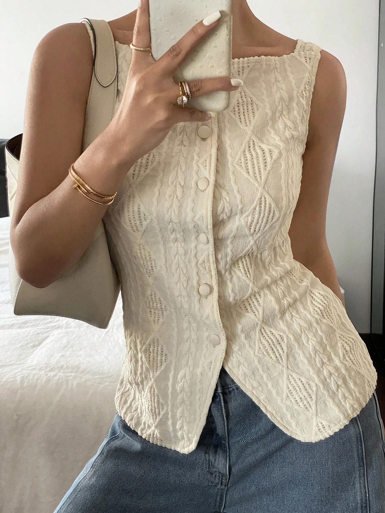 Women's summer sleeveless geometric texture single breasted casual shirt - الصورة 5