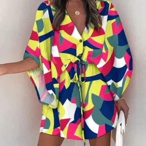 Women Print Dress Sexy V-Neck Bat Sleeve Ruffl Flowers Print Bohemian Beach Sundress Ladies Loose Summer Vacation Mini Dresses