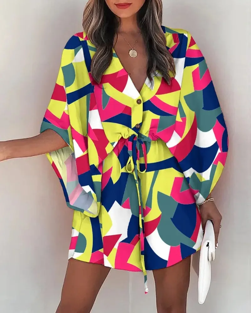 Women Print Dress Sexy V-Neck Bat Sleeve Ruffl Flowers Print Bohemian Beach Sundress Ladies Loose Summer Vacation Mini Dresses - Image 5