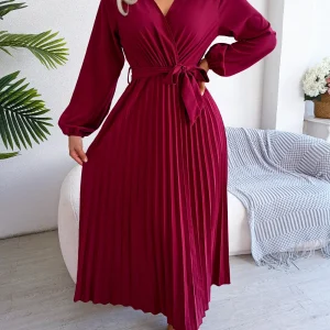 Women Elegant V Neck Long Sleeve Pleated Maxi Dress