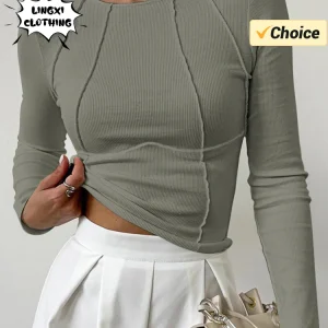 T-shirt Spring/Summer Women's Slim Fit Casual Round Neck Basic Pullover Chest Shape Stitching Long Sleeve Sports Dopamine Shirt