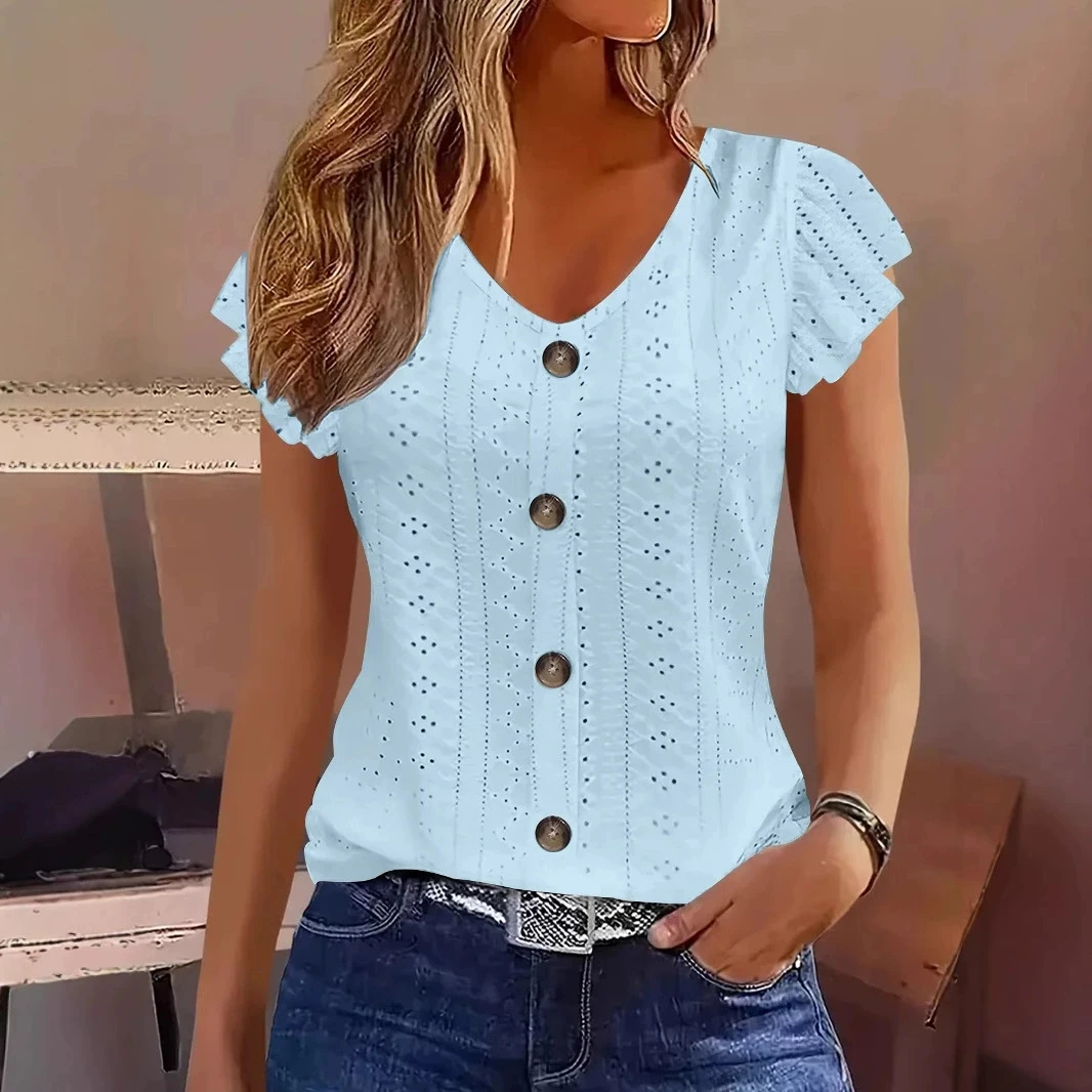 2025 Spring/Summer new women's fashion stylish commute casual solid color multi-color ruffle sleeve V-neck T-shirt - الصورة 6
