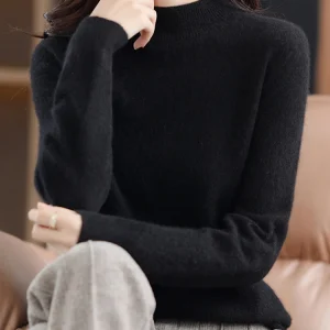 Women 100% Merino Wool Sweater For Autumn Winter  First Line Seamless Half-high Collar Pullover Basic Top OL Solid Soft Cashmere