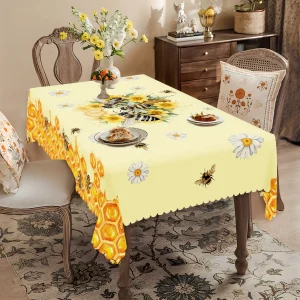 Bee Daisy Printed Tablecloth Wedding Party Decor Washable Summer Floral Bee Hive Rectangle Tablecover Kitchen Dining Table Decor