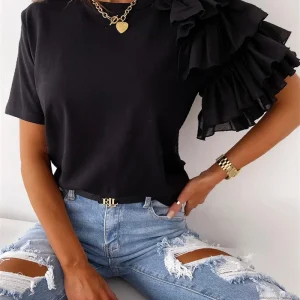 Women Summer Ruffles Short Sleeve Loose T Shirt Chic Elegant Solid O Neck Tops Casual Simple All Match Tee Streetwear Blouse