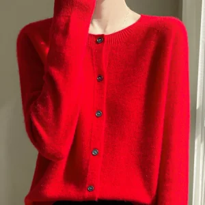 Women 100% Merino Wool Cardigan Soft O-Neck Cashmere Sweater OL Buttoned Knitwear Casual Top Clothing Korean Style