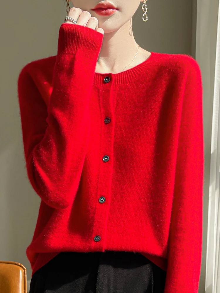 Women 100% Merino Wool Cardigan Soft O-Neck Cashmere Sweater OL Buttoned Knitwear Casual Top Clothing Korean Style - Image 9