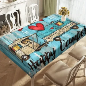 Happy Camper Retro Camping Tablecloth Vintage Camper Van & Hearts Wood Design Durable Table Cover for Indoor Outdoor Use