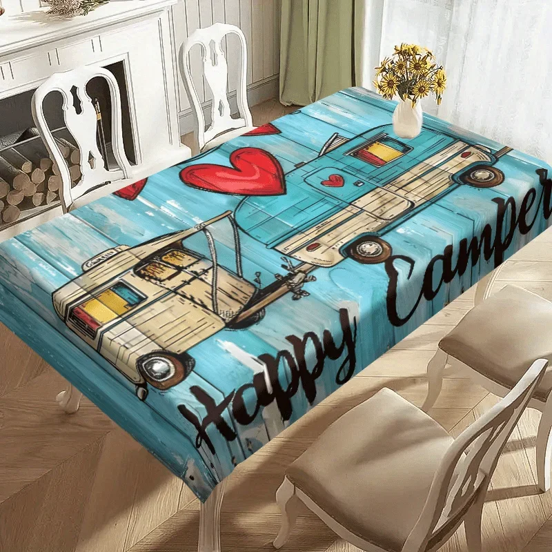 Happy Camper Retro Camping Tablecloth Vintage Camper Van & Hearts Wood Design Durable Table Cover for Indoor Outdoor Use - Image 2