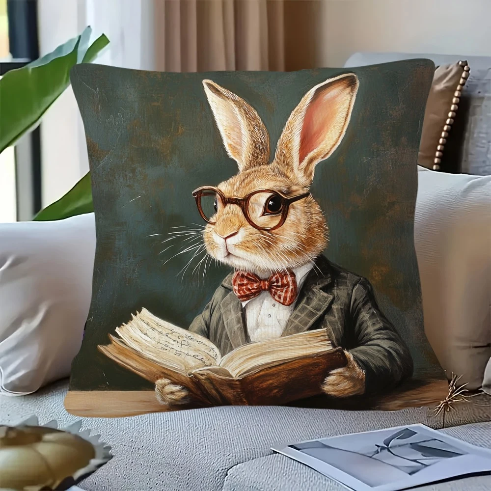 1PC Easter Bunny Reading Pillow Cover ,Decorative sofa cushion cover, home decoration, 2D printing. - Image 2