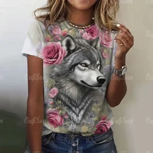 New T-shirt For Women Wolf Print Tees O Neck Loose Short Sleeve Blouse Female Fashion Animal Graphic Tops Harajuku Streetwear