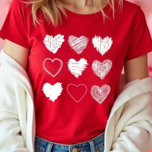Red Heart Printed Women T-Shirts Fashion Streetwear Short Sleeve Tee Clothing Casual Soft Women Tops Valentine's Day T-shirt