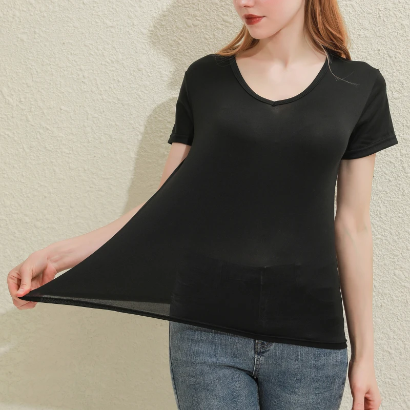 Solid Women Cotton T-shirt V-Neck Short Sleeve Female Tee Slim White And Balck T-Shirt Casual Solid Lady Tshirt Tops - الصورة 9