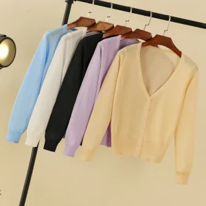 Summer Cardigan Women Cropped Korean Fashion Style Female Black Women's Coat Clothing V-neck Ladies Sweater Outerwear Cute Basic