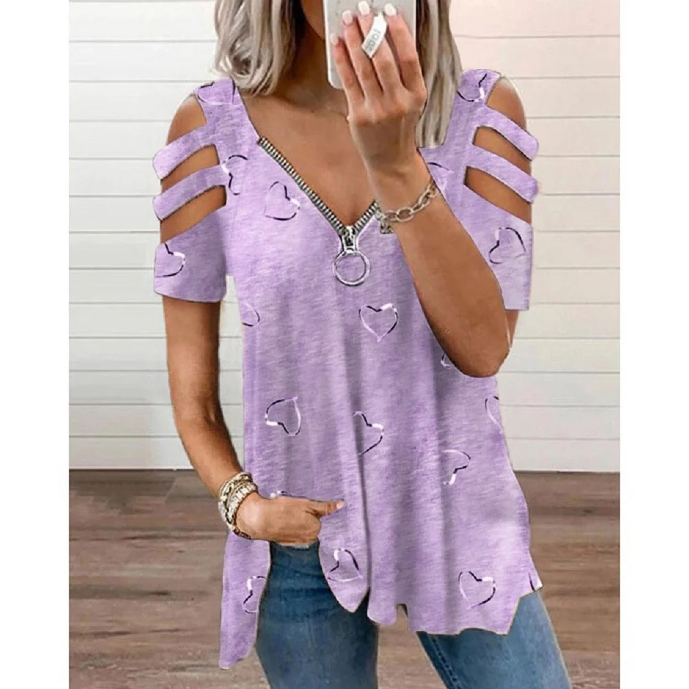 2024 Summer Women's V-Neck Zipper Printed Short Sleeve Tops Loose T-Shirts - Image 3