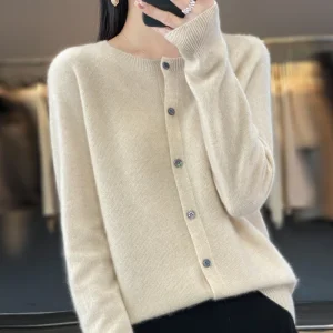 Fashion Women 100% Merino Wool Cardigans Cashmere Sweater Autumn Winter O-neck Long Sleeve Knitwear Female Basic Clothing Tops